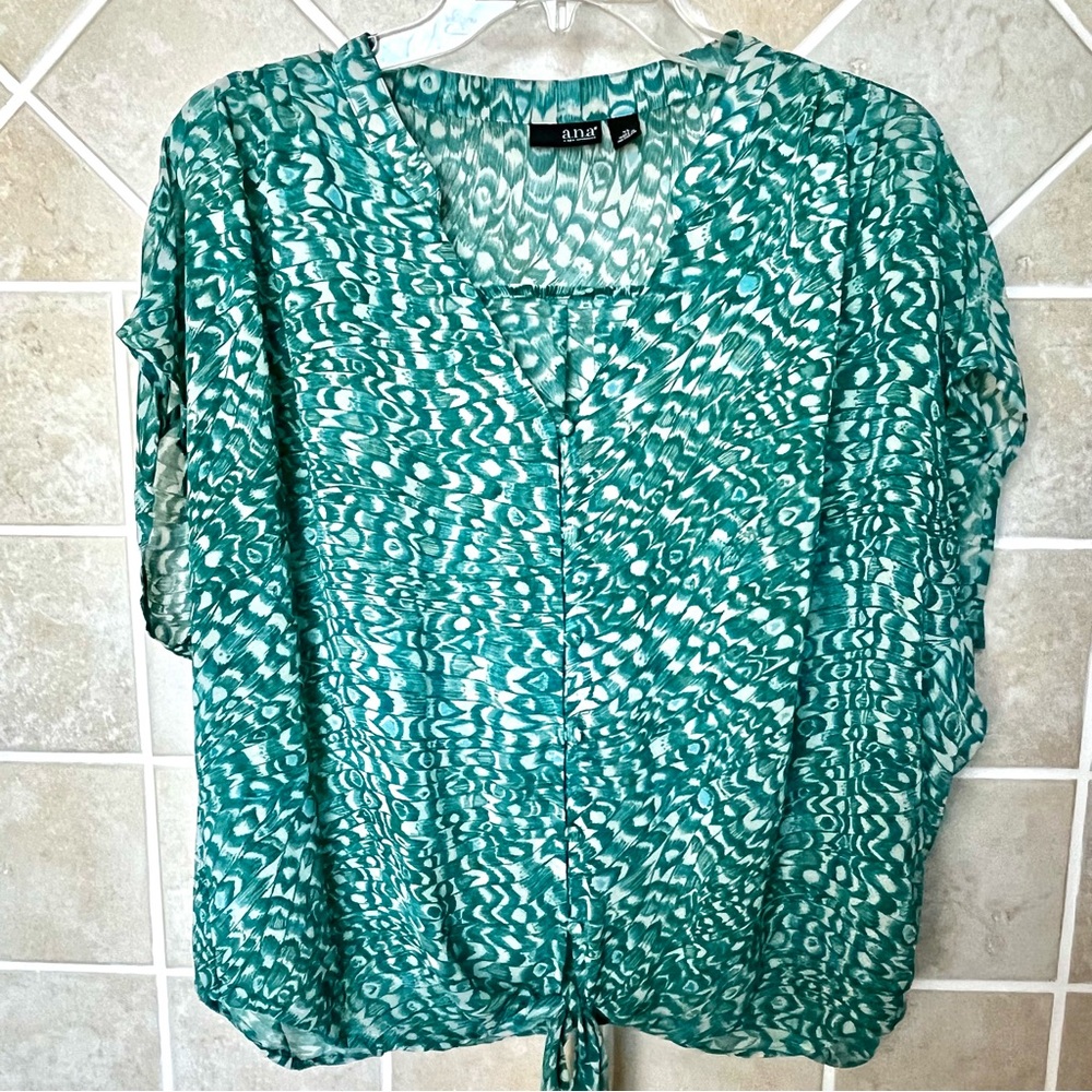 🔴2/$25 a.n.a. Pleated Chiffon Blouse Tie Front Button-down Short Sleeve XL